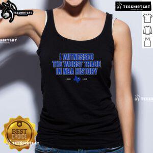 Official 'I Witnessed The Worst Trade in NBA History' tank top featuring bold text and basketball graphics.