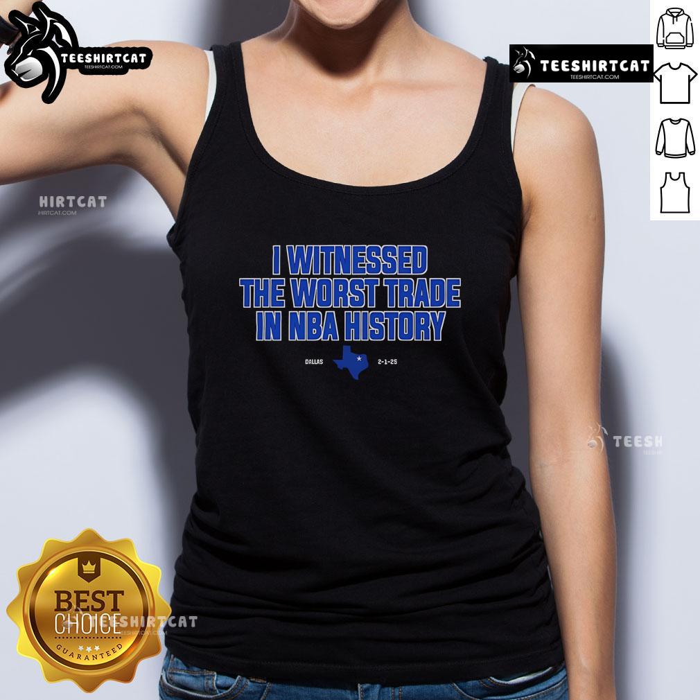 Official 'I Witnessed The Worst Trade in NBA History' tank top featuring bold text and basketball graphics.