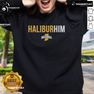 Alt Text: Official Indiana Pacers HaliburHIM Tyrese Haliburton Sweatshirt featuring team colors and player graphics.