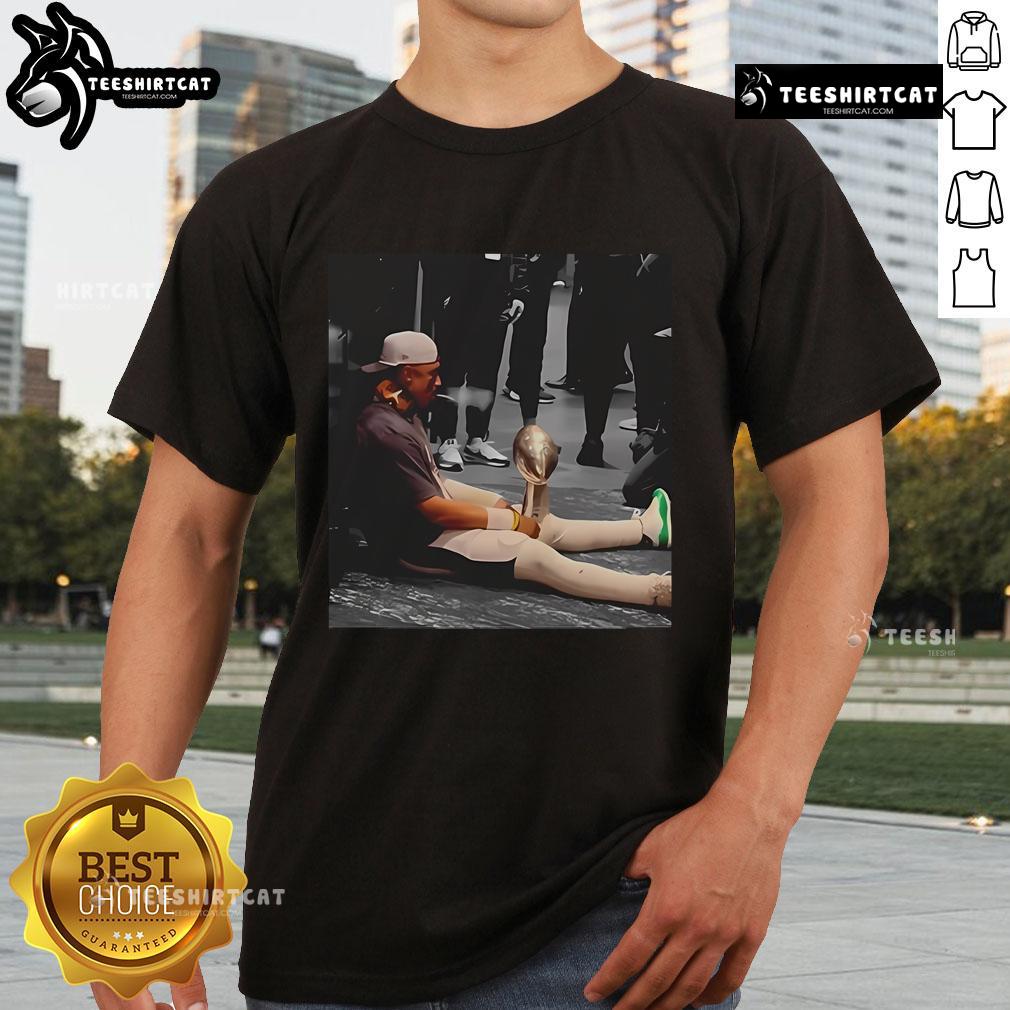 Alt Text: Official Jalen Hurts Celly Cigar Trophy Fan T-Shirt featuring Jalen Hurts celebrating with a cigar and trophy design.