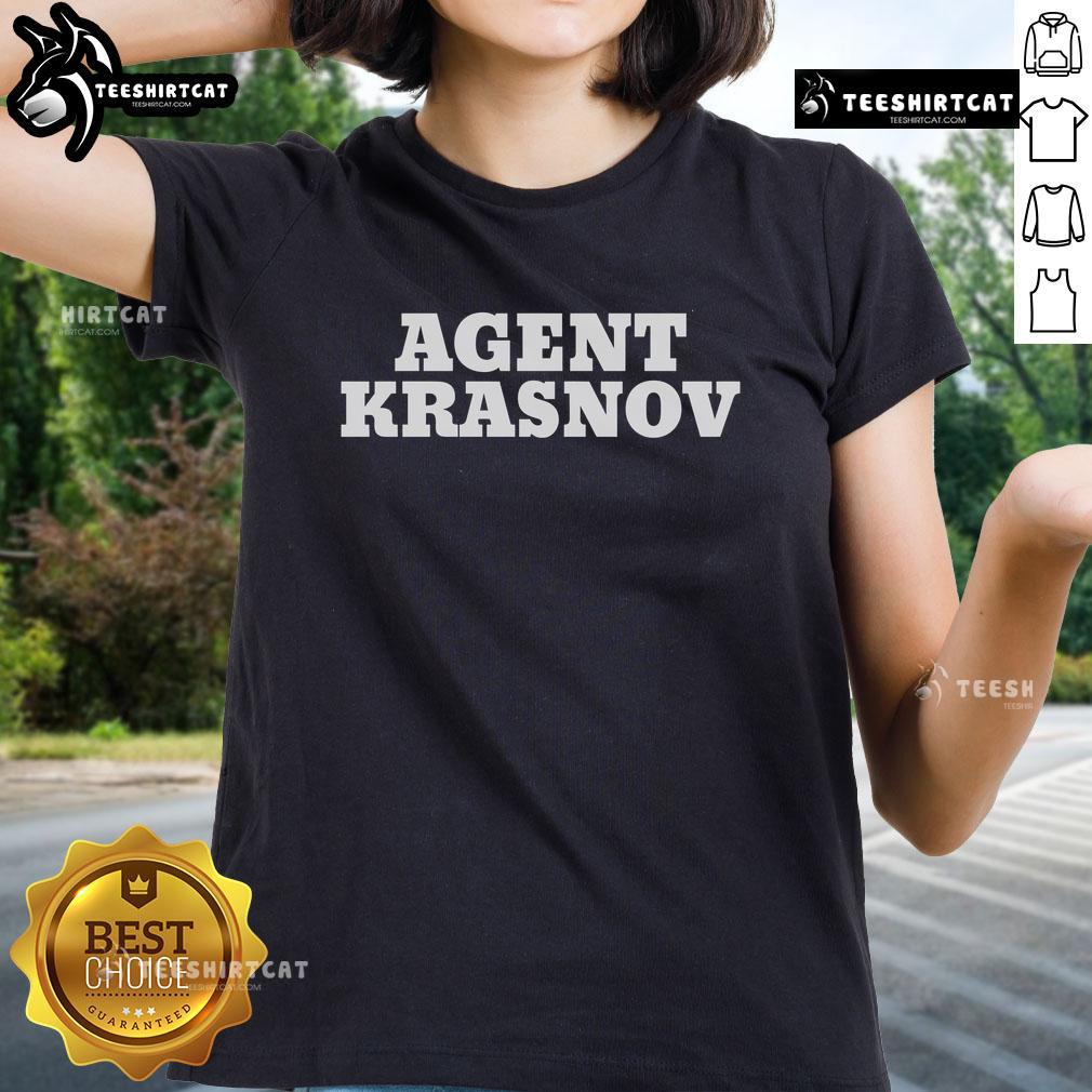 Alt Text: Official KGB Agent Krasnov Ladies Tee featuring a stylish design for fans of espionage and vintage apparel.