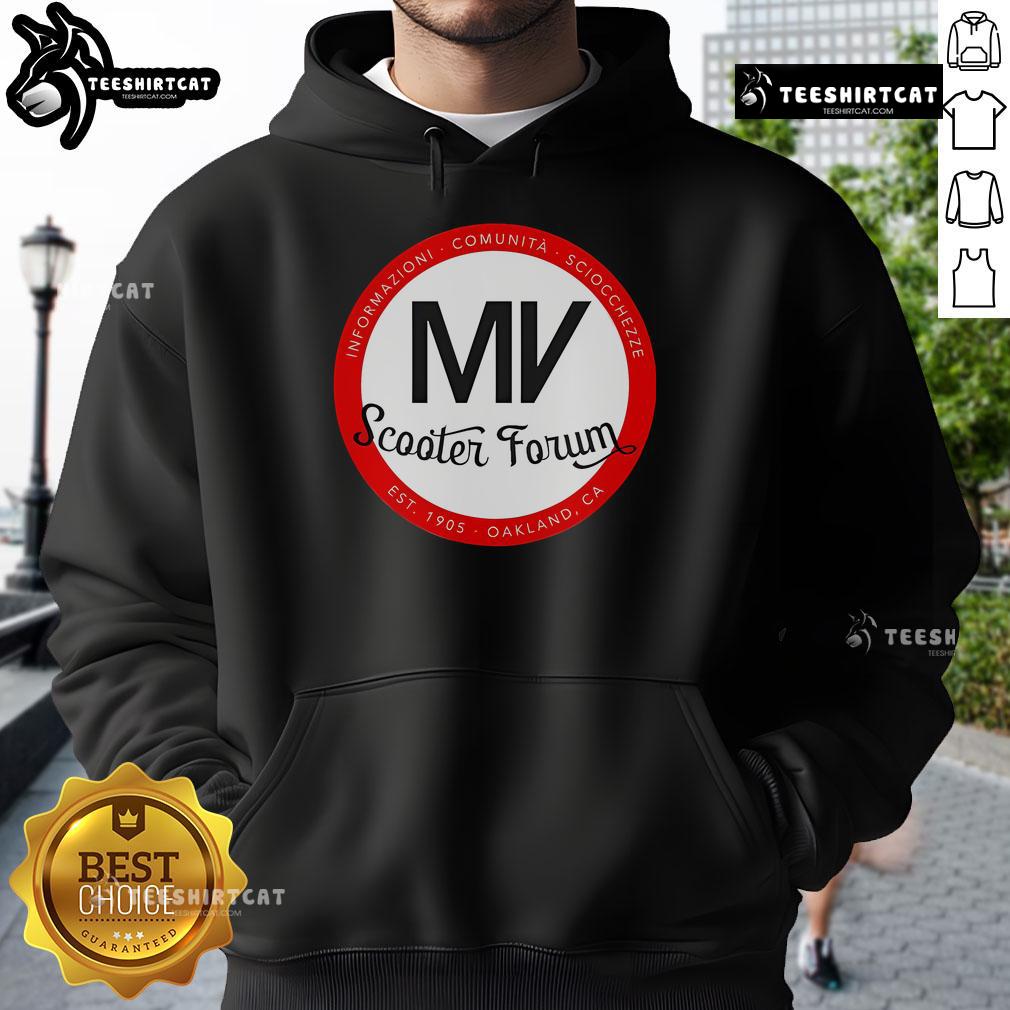 Official MV Scooter Forum hoodie est. 1905, featuring community and fun graphics, perfect for scooter enthusiasts.