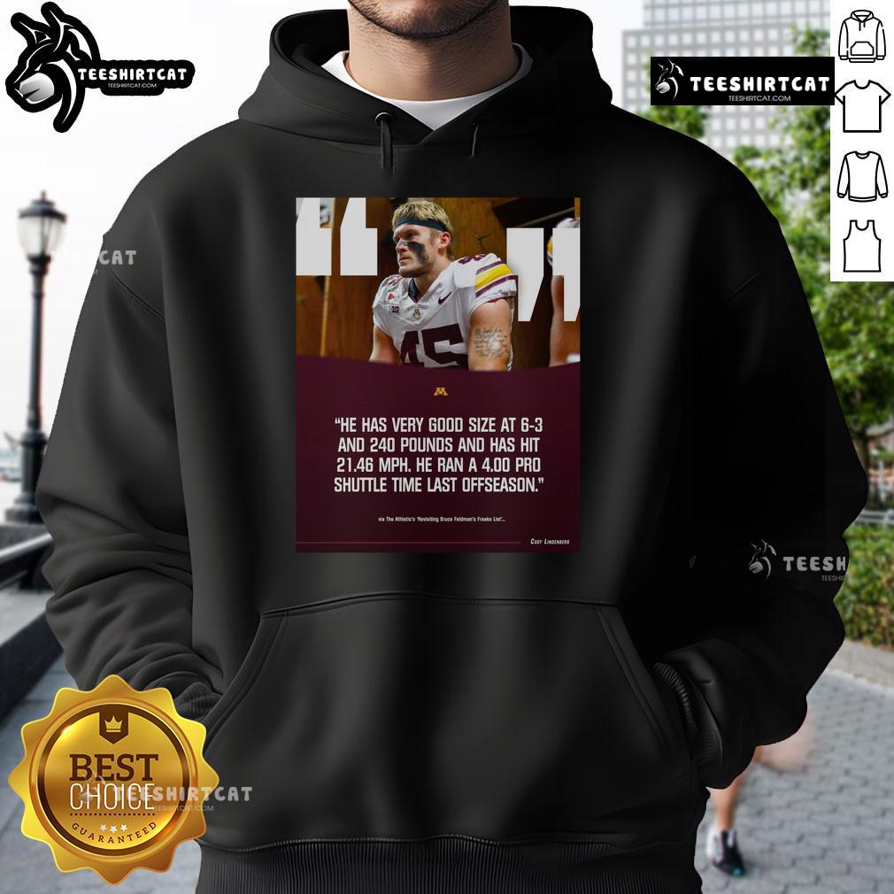 Official poster of Gophers football featuring Cody Lindenberg in a hoodie, showcasing his impressive 6'3'' and 240 lbs physique.