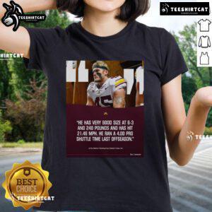 Official Gophers football poster featuring Cody Lindenberg, 6'3, 240 lbs, showcasing speed at 21.46 MPH on a ladies tee.
