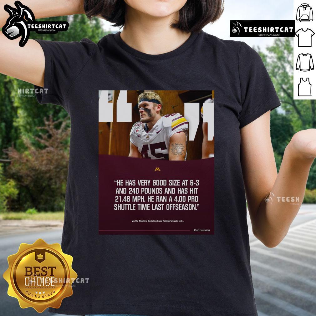 Official Gophers football poster featuring Cody Lindenberg, 6'3, 240 lbs, showcasing speed at 21.46 MPH on a ladies tee.