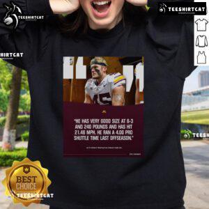 Alt Text: Official poster of Gophers football featuring Cody Lindenberg in a sweatshirt, showcasing his impressive size and speed.