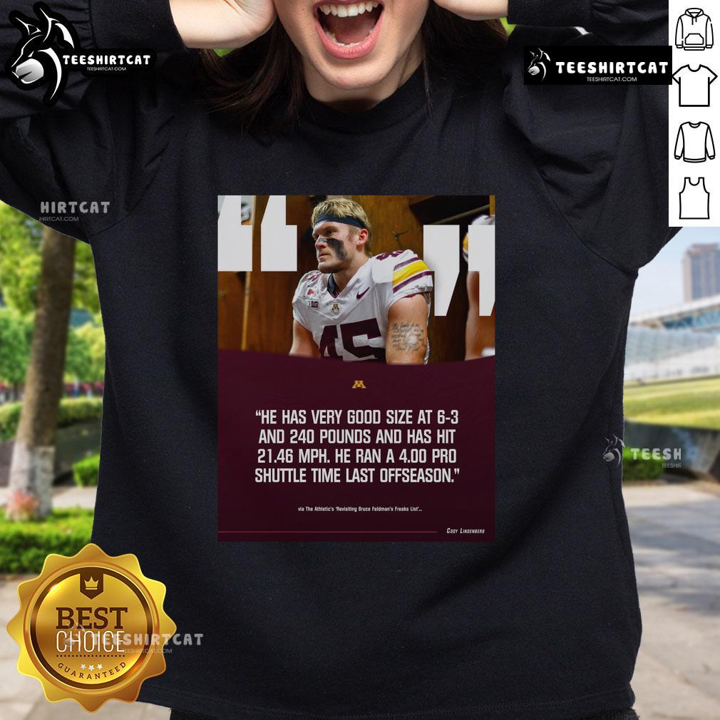 Alt Text: Official poster of Gophers football featuring Cody Lindenberg in a sweatshirt, showcasing his impressive size and speed.