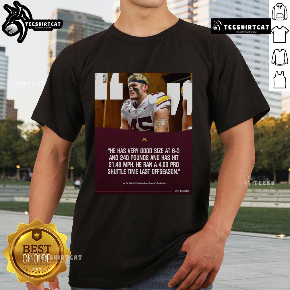 Official poster of Gophers Football featuring Cody Lindenberg in a T-shirt, showcasing his size at 6'3, 240 lbs.