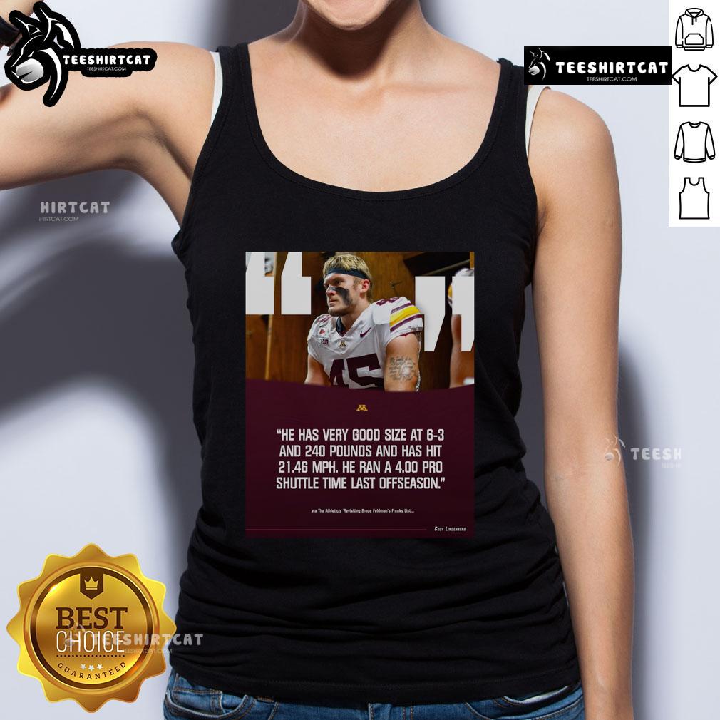 Official poster of Gophers football player Cody Lindenberg, 6'3, 240 lbs, showcasing his athleticism in a tank top.