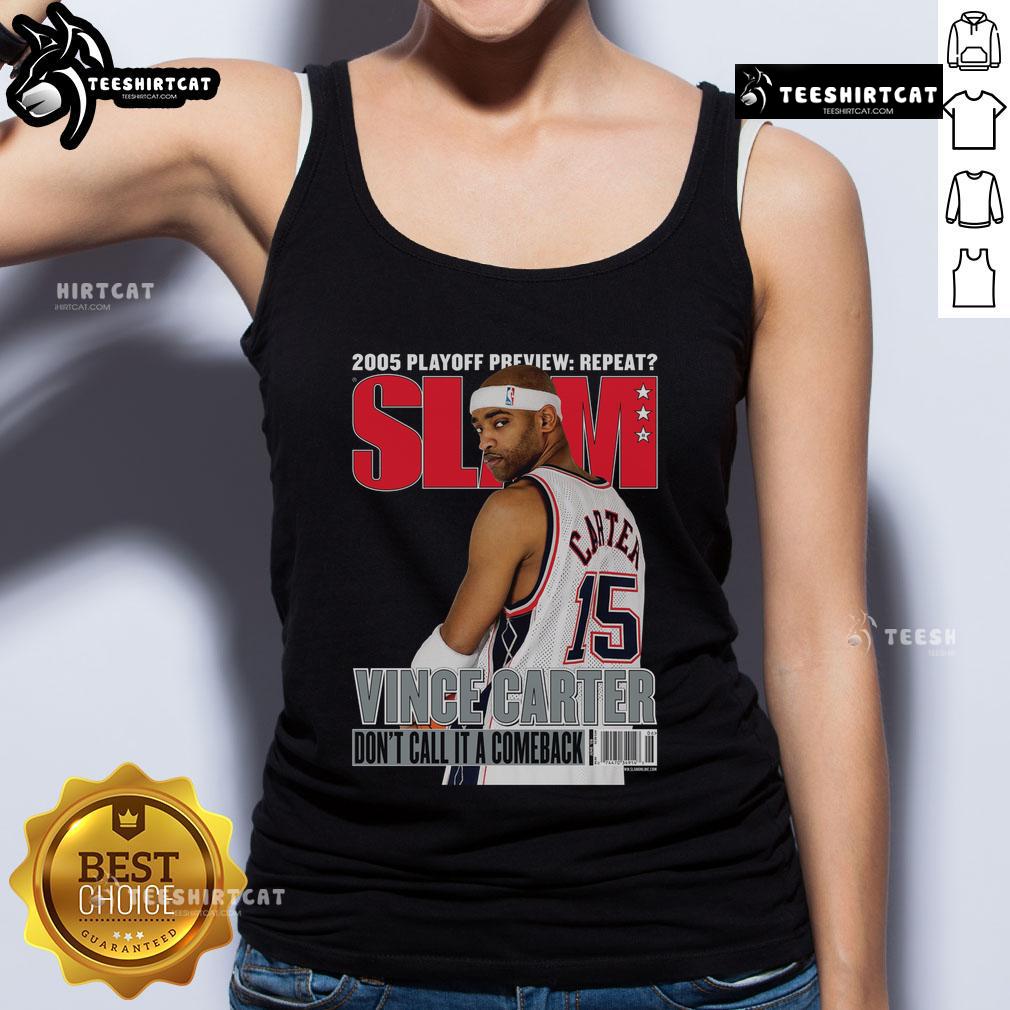 Alt Text: Vince Carter New Jersey Nets Mitchell & Ness SLAM Tank Top, celebrating the iconic player and retro basketball style.