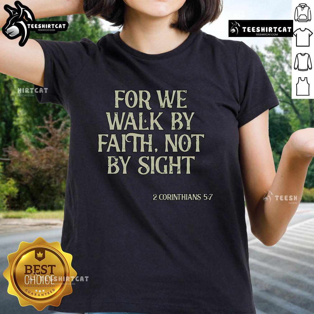 Vintage ladies tee featuring 'We Walk By Faith Not By Sight' Christian Bible verse design in stylish typography.