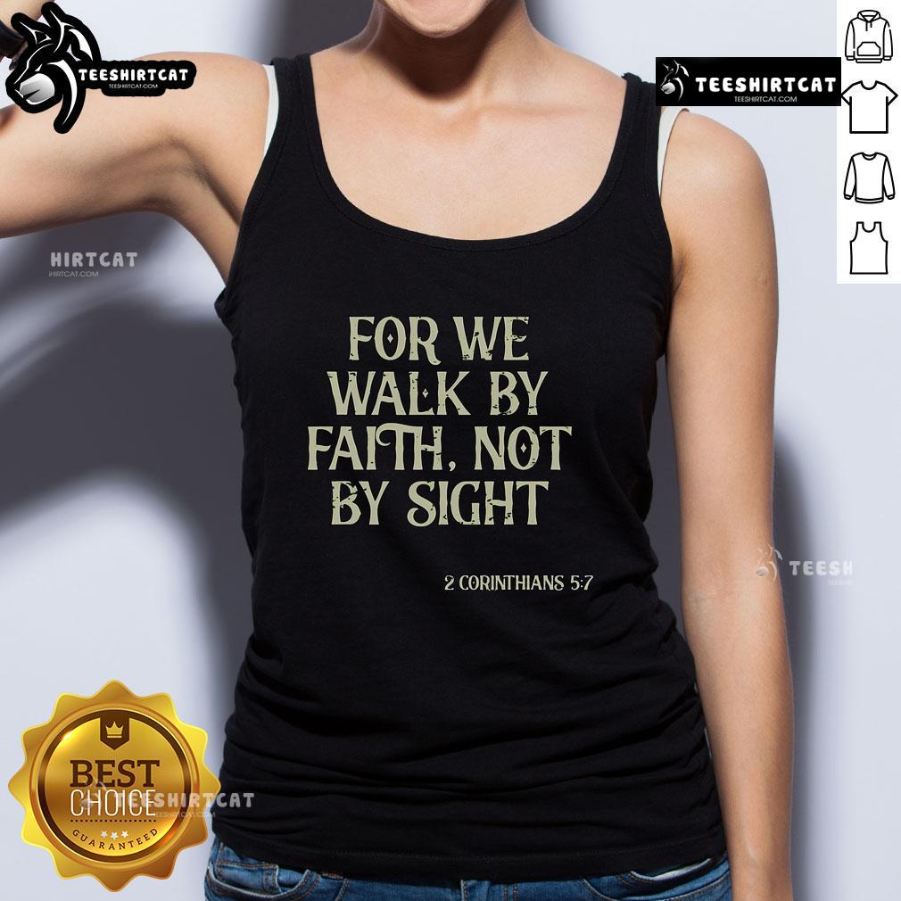 Vintage tank top featuring the Christian Bible verse 'We Walk By Faith Not By Sight' in stylish typography.