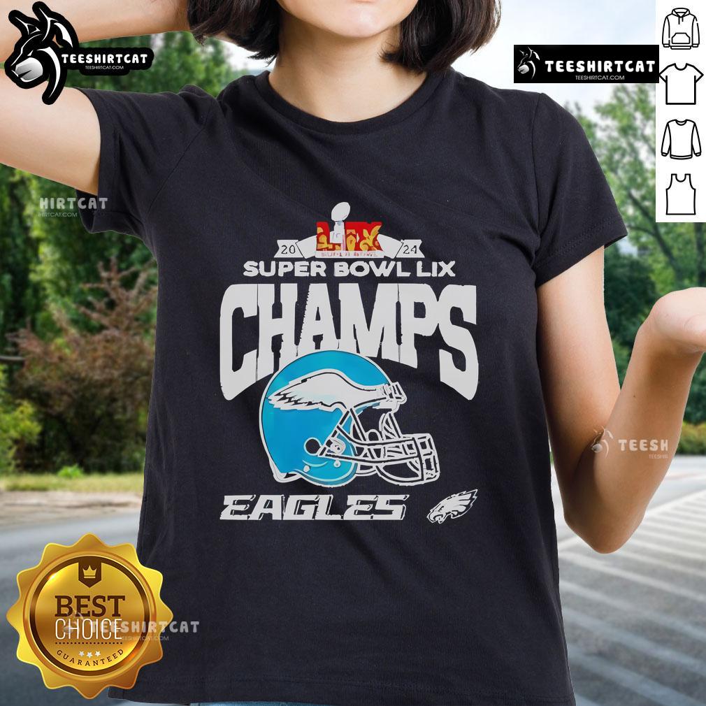 Premium Eagles Super Bowl Champions 2025 Ladies Tee featuring Philadelphia Eagles LIX Champs design.