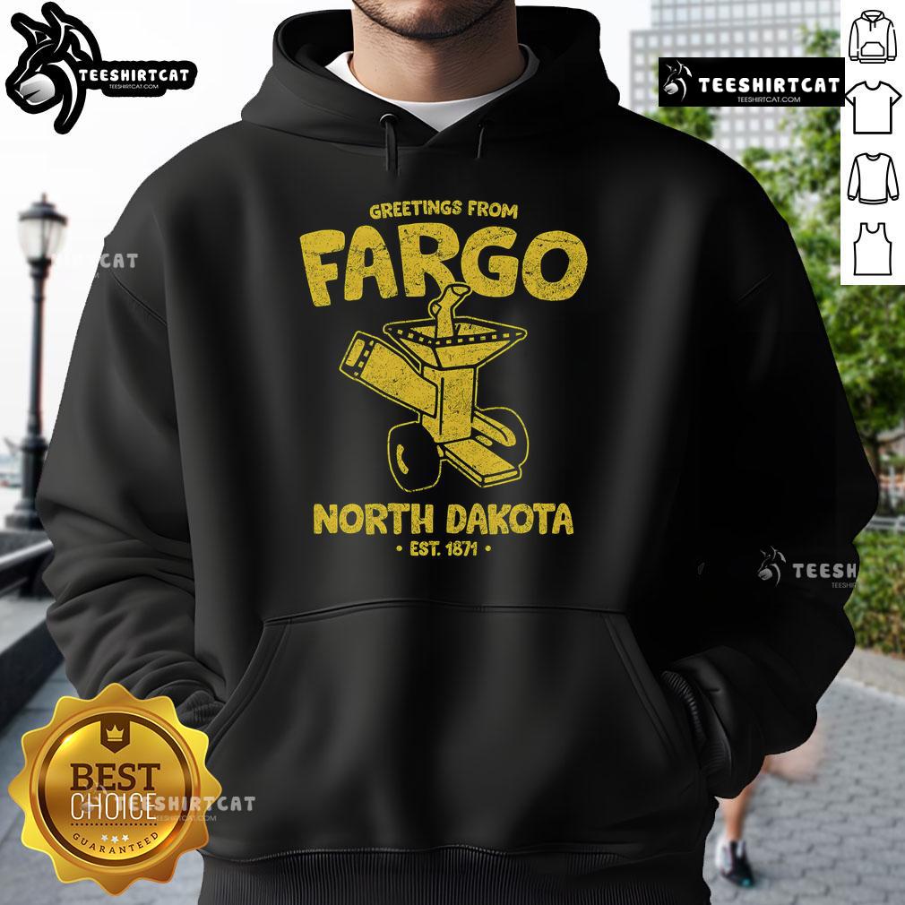 Premium 'Greetings From Fargo, North Dakota Est. 1871' hoodie showcasing vibrant design and cozy fabric.
