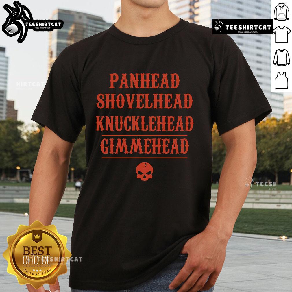 Alt Text: Premium Panhead Shovelhead Kucklehead Gimmehead Skull T-Shirt featuring a bold skull graphic and retro motorcycle design.