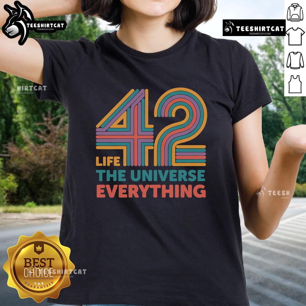 Pretty 42 Life The Universe Everything ladies tee featuring a stylish design and vibrant colors for casual wear.