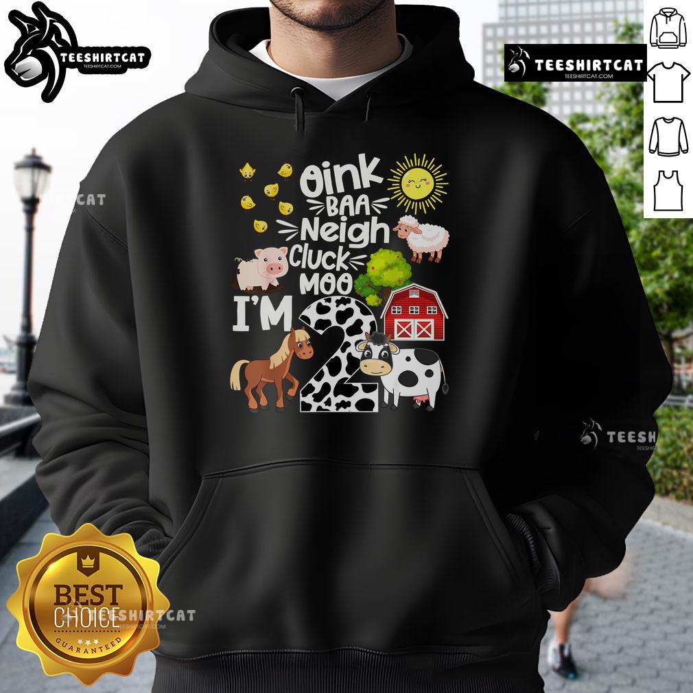 Alt Text: Colorful farm birthday hoodie for 2nd birthday featuring 'Oink Baa Neigh Cluck Moo I'm 2' design for kids.