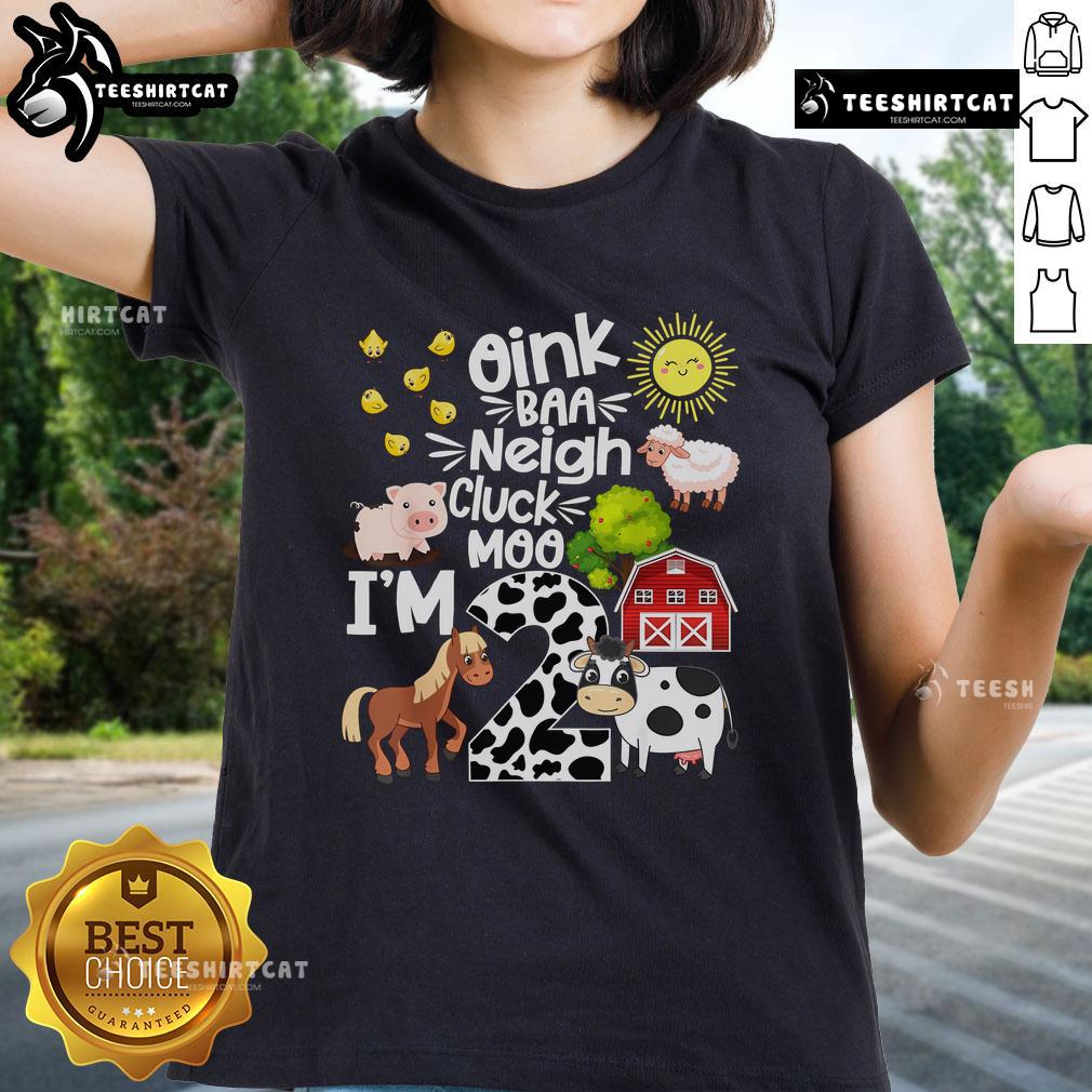Adorable farm-themed 2nd birthday tee featuring 'Oink Baa Neigh Cluck Moo I'm 2' design for girls.