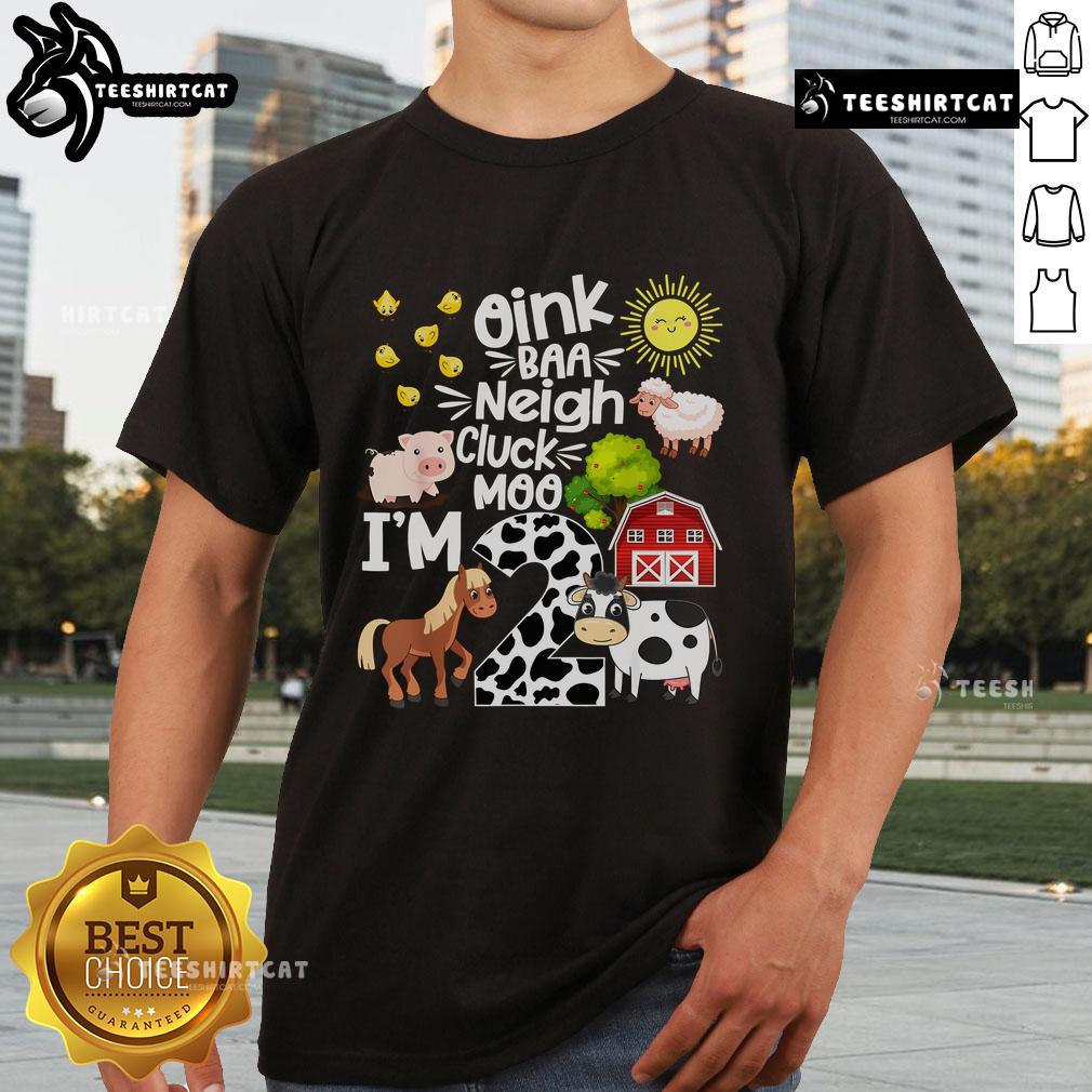 Adorable farm-themed t-shirt for a 2nd birthday featuring 'Oink Baa Neigh Cluck Moo I'M 2' design for kids.