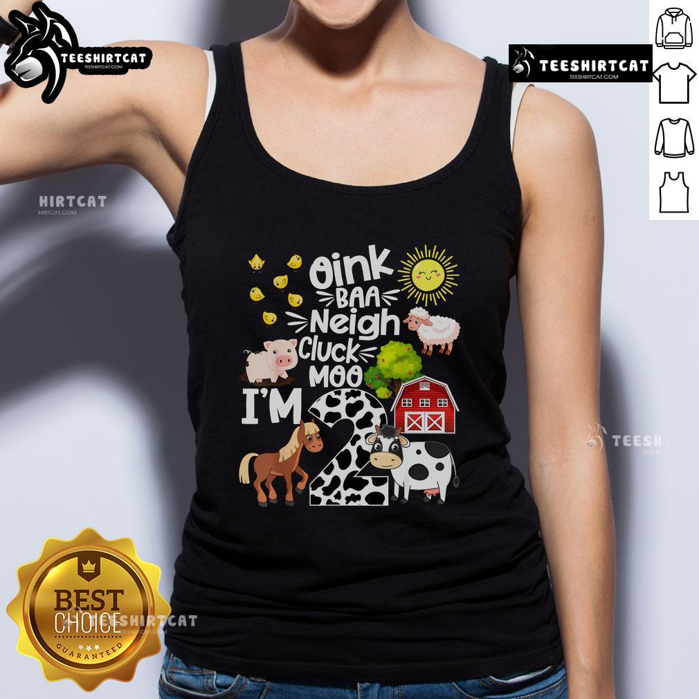 Adorable 'I'm 2' farm birthday tank top featuring playful animal graphics: oink, baa, neigh, cluck, moo for a fun celebration.