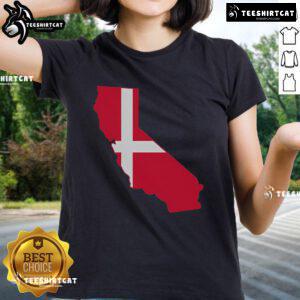 Top California Denmark flag map ladies tee featuring a stylish design, perfect for casual wear and showcasing state pride.