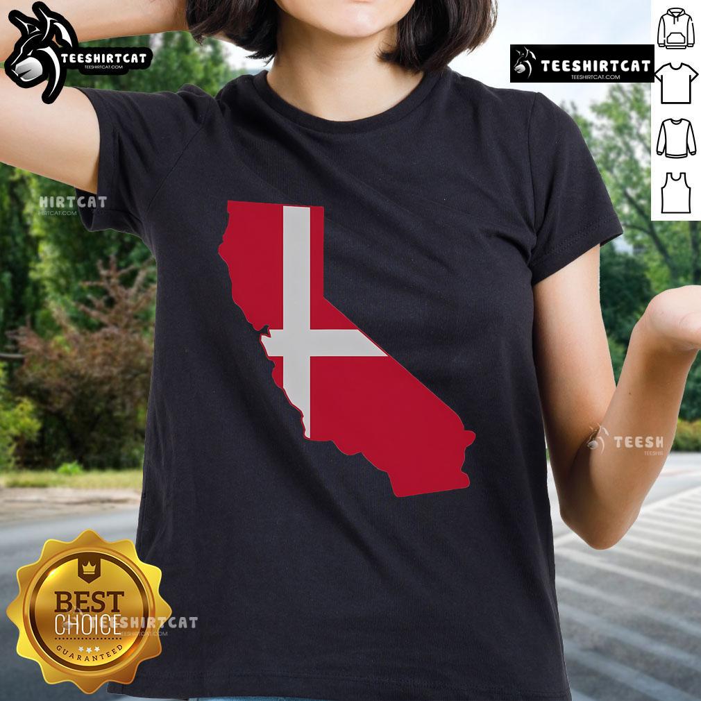 Top California Denmark flag map ladies tee featuring a stylish design, perfect for casual wear and showcasing state pride.