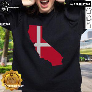 Cozy sweatshirt featuring a map design of California and Denmark flags, perfect for casual wear and travel enthusiasts.