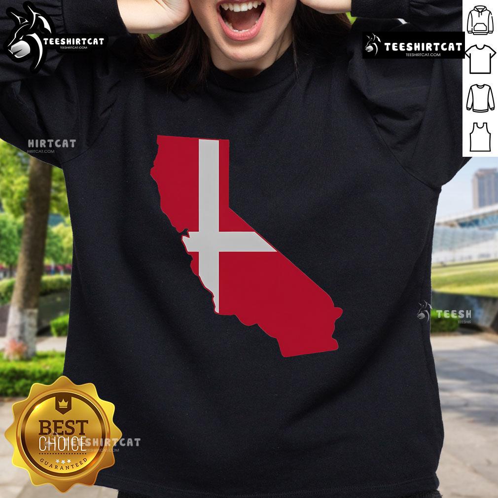 Cozy sweatshirt featuring a map design of California and Denmark flags, perfect for casual wear and travel enthusiasts.