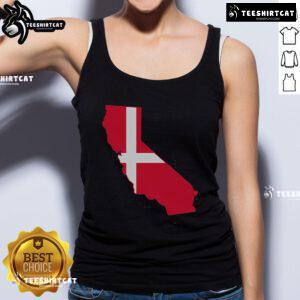 Alt Text: Top California Denmark flag map tank top showcasing a vibrant design, perfect for summer fashion and travel enthusiasts.