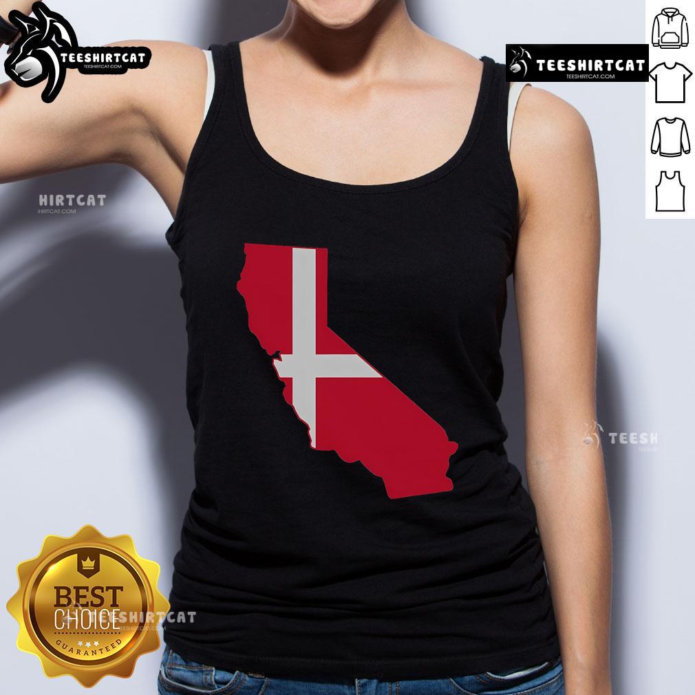 Alt Text: Top California Denmark flag map tank top showcasing a vibrant design, perfect for summer fashion and travel enthusiasts.
