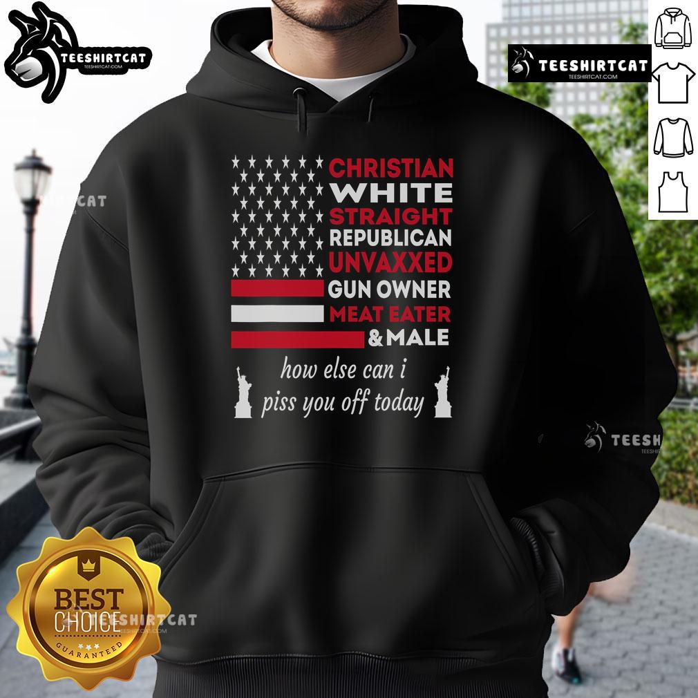 Alt Text: Top Christian White Straight hoodie featuring bold text 'How Else Can I Piss You Off Today' for a humorous twist.