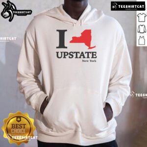 Alt Text: Cozy 'I Love Upstate NY' hoodie featuring a heart-shaped map design, perfect for New York enthusiasts.