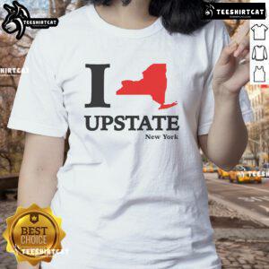 Heart map graphic on a ladies tee featuring 'I Love Upstate NY' design, perfect for proud New York residents.