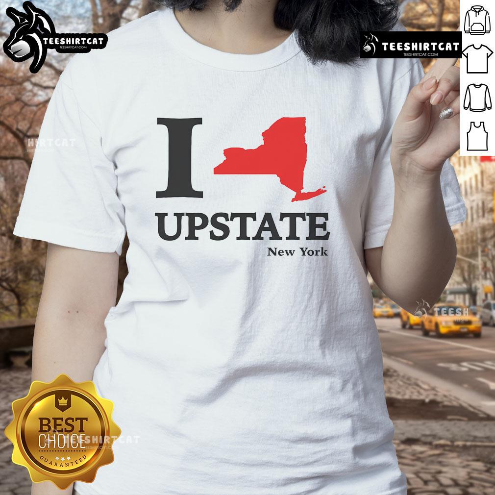 Heart map graphic on a ladies tee featuring 'I Love Upstate NY' design, perfect for proud New York residents.