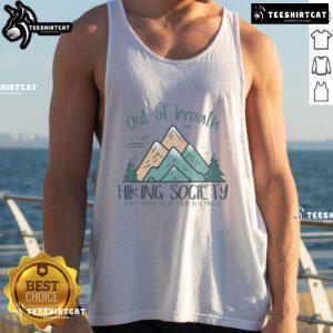 Top Out Of Breath Hiking Society hiker tank top worn by an enthusiastic hiker on a scenic trail adventure.