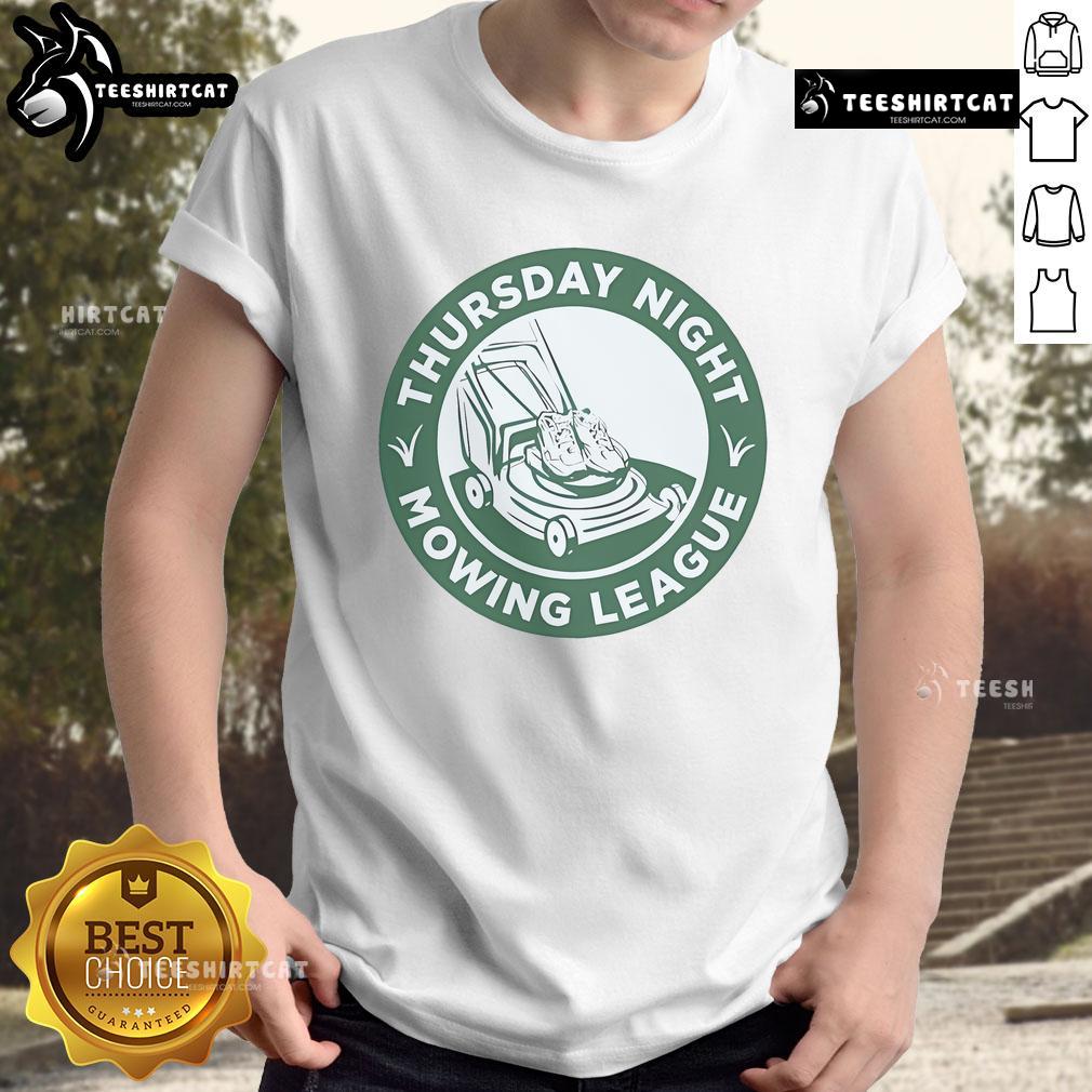 Awesome Thursday Night Mowing League T-Shirt featuring a fun lawn mower graphic and vibrant colors for lawn care enthusiasts.