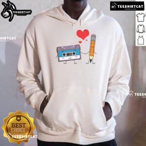 Cute cassette tape pencil design on a retro vintage hoodie, celebrating 70s, 80s, and 90s music nostalgia.