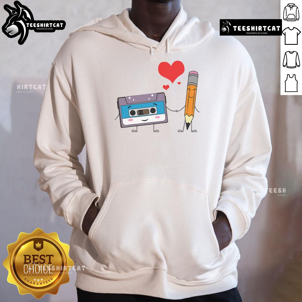 Cute cassette tape pencil design on a retro vintage hoodie, celebrating 70s, 80s, and 90s music nostalgia.