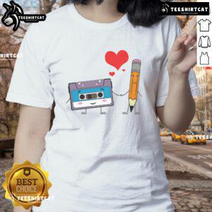 Alt Text: Cute cassette tape ladies tee featuring retro vintage 70s, 80s, and 90s music design, perfect for music lovers.