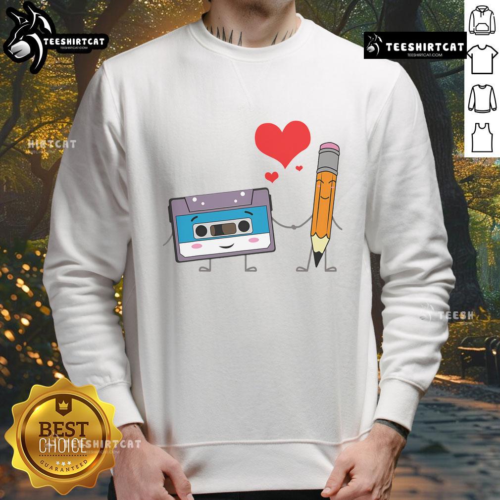 Cute cassette tape pencil design on a retro vintage sweatshirt, celebrating 70s, 80s, and 90s music culture.