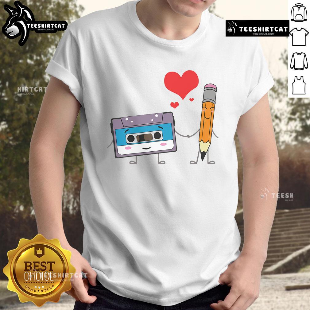 Alt Text: Cute cassette tape pencil graphic on a retro vintage music T-shirt featuring 70's, 80's, and 90's design.