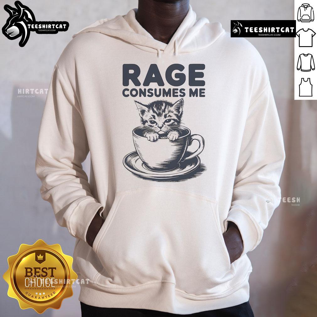 Funny kitty in a coffee hoodie expressing rage, perfect for cat lovers and humor enthusiasts. Cute Cat Rage consumes me!
