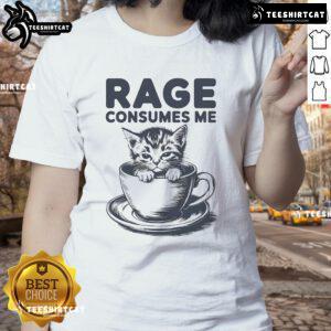 Cute cat graphic on a coffee-themed tee, showcasing humorous kitty rage in a fun, satirical design for ladies.