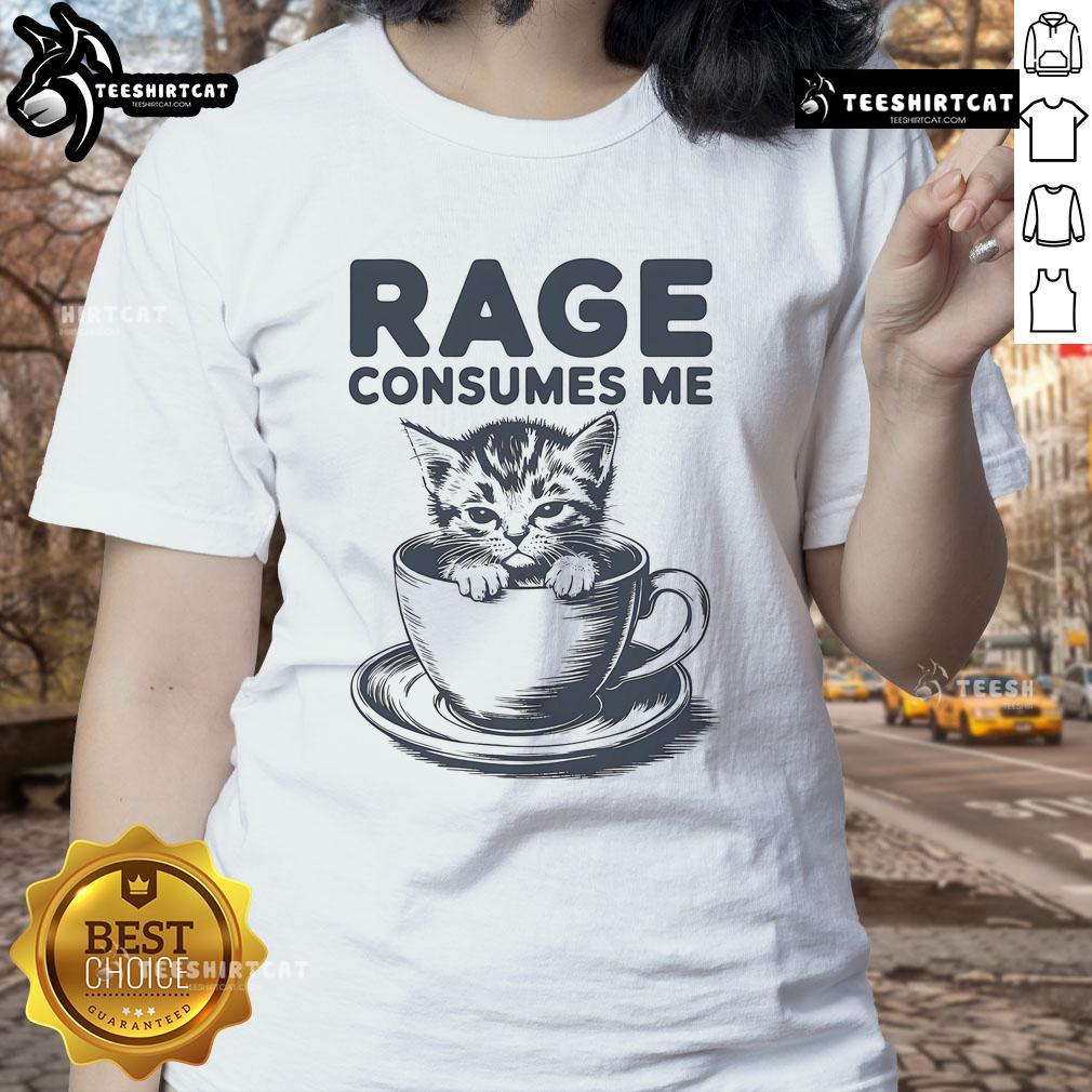 Cute cat graphic on a coffee-themed tee, showcasing humorous kitty rage in a fun, satirical design for ladies.