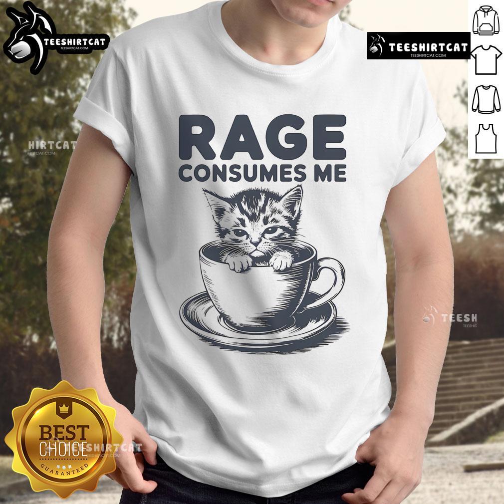 Funny kitty graphic on coffee t-shirt, showcasing a cute cat with rage, perfect for cat lovers and humor enthusiasts.