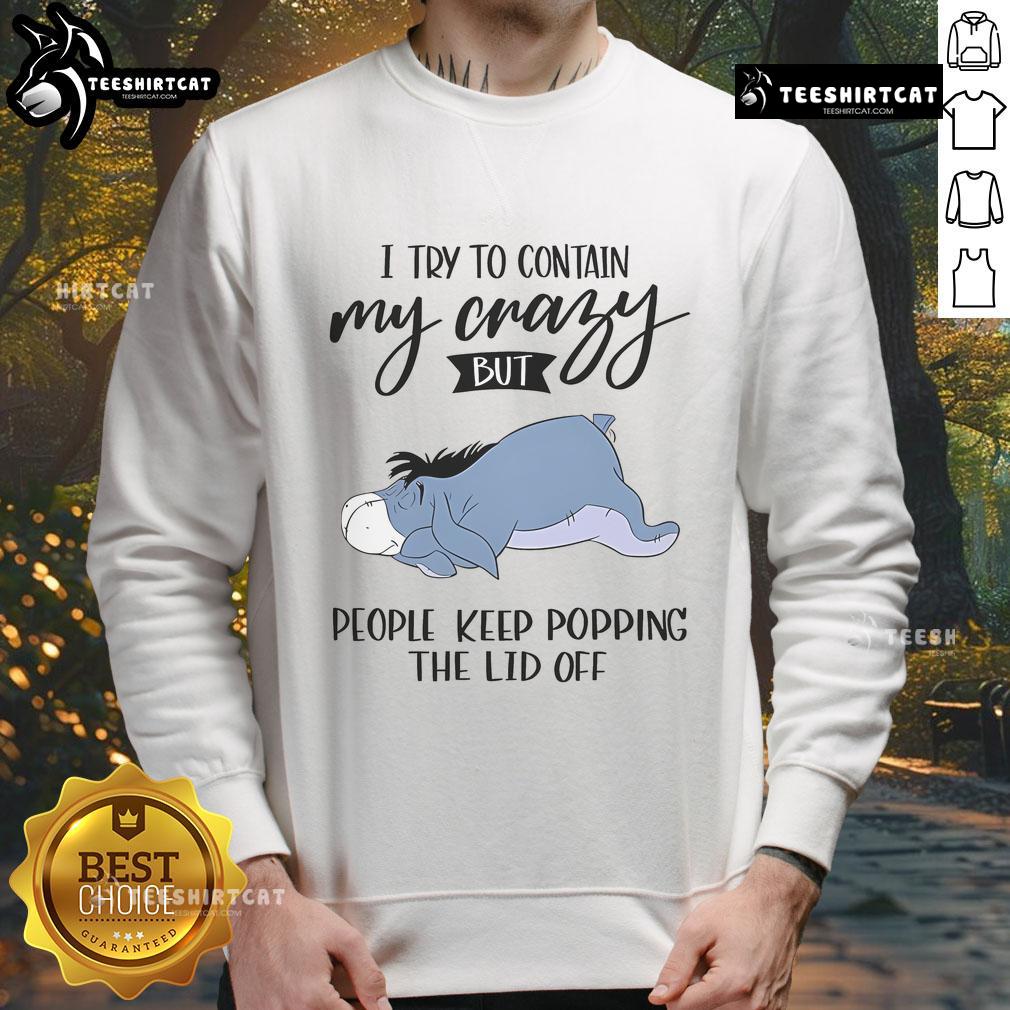 Cute Eeyore sweatshirt with the phrase 'I try to contain my crazy but people keep popping the lid off'.