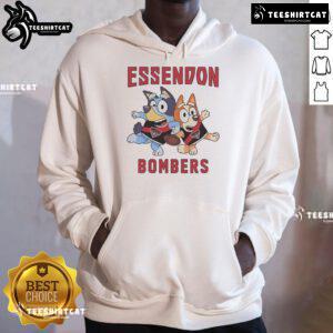 Alt Text: Cute Essendon Bombers hoodie featuring Bluey Bandit Heeler and Chilli Heeler, perfect for fans and kids.