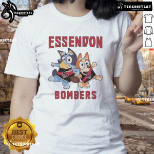 Cute Essendon Bombers Bluey Bandit Heeler and Chilli Heeler ladies tee featuring vibrant colors and playful design.