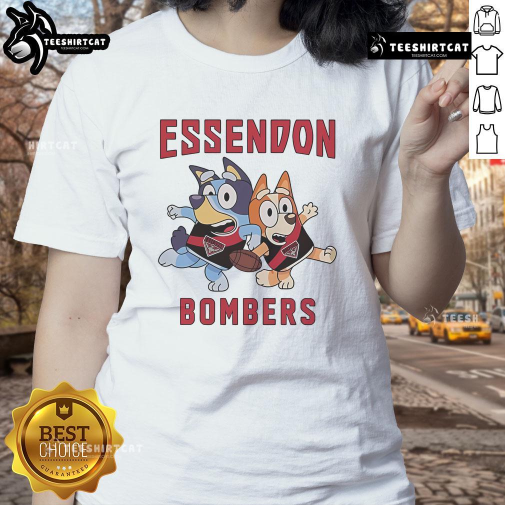 Cute Essendon Bombers Bluey Bandit Heeler and Chilli Heeler ladies tee featuring vibrant colors and playful design.