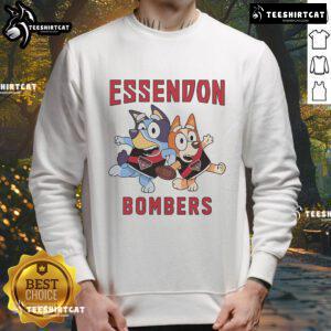 Alt Text: Cute Essendon Bombers sweatshirt featuring Bluey Bandit Heeler and Chilli Heeler characters for fans.